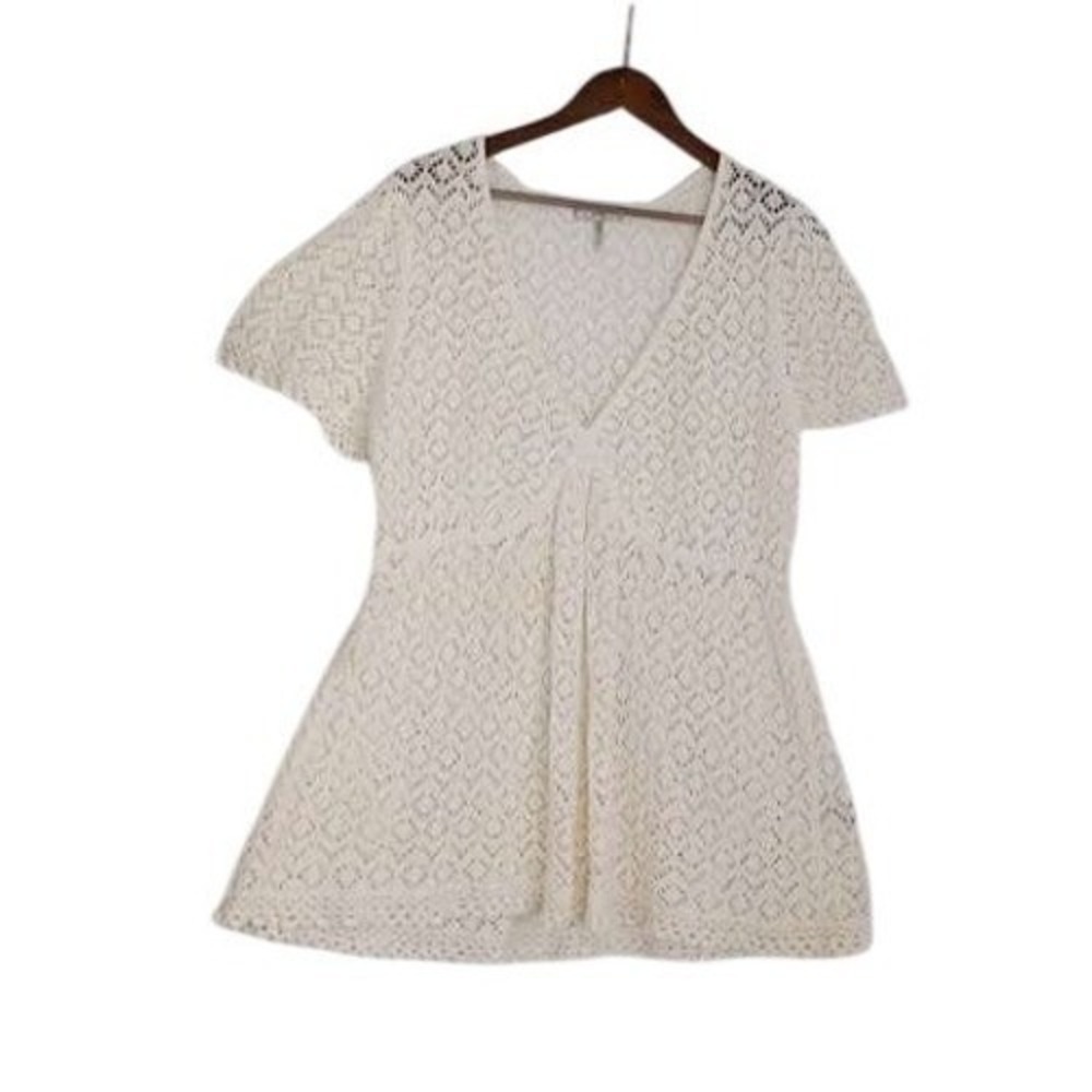 Metro 7‎  100% Cotton M/L White Crochet Knit Peplum V-Neck Top Short Sleeve
